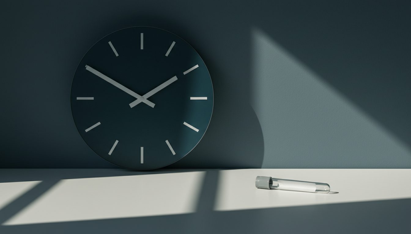 Wanduhr am frühen Morgen neben einem Blutentnahmeröhrchen auf einem Schreibtisch